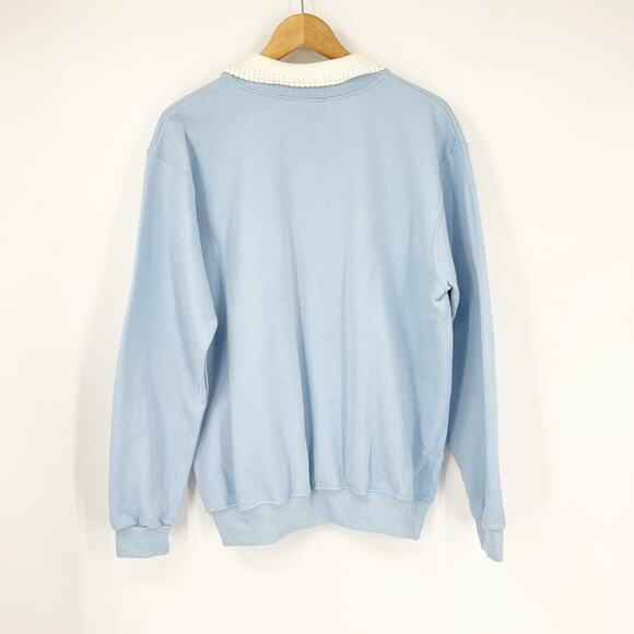 Vintage 90s Cottage Cardinal Graphic Collared Light Blue Sweatshirt Size Large - Picture 2 of 5